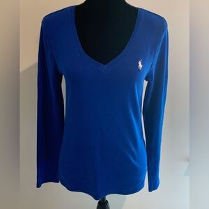 Polo Ralph Lauren Women's Royal Blue V-Neck Long Sleeve Tee Size Large Classic